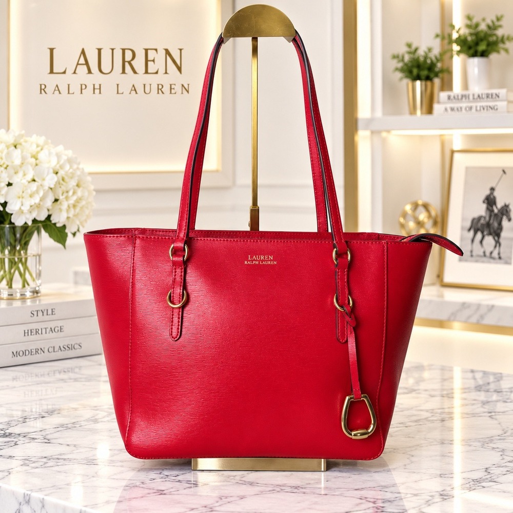 Lauren Ralph Lauren Bennington Shopper Medium Red Leather Tote Bag NWT